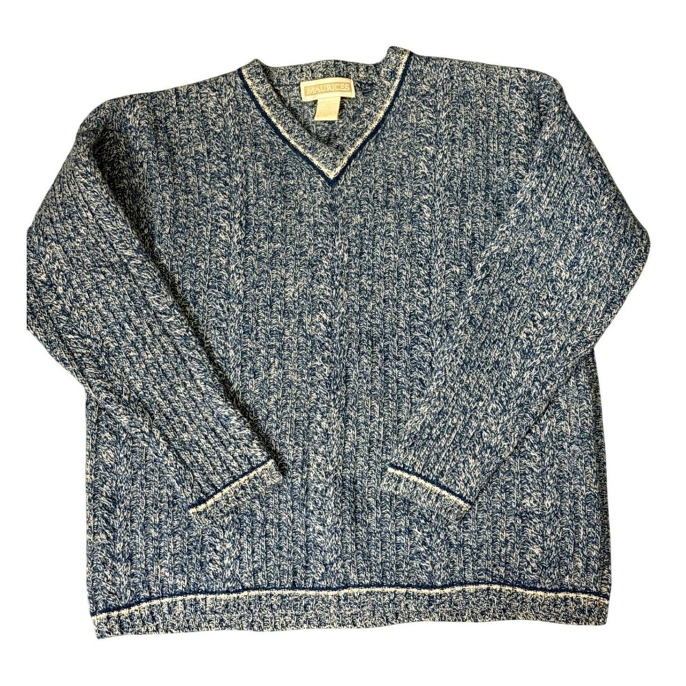 VTG Maurices Shetland Wool Fisherman Sweater Womens Size S Blue V Neck  Classic